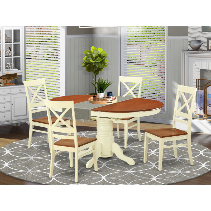 5 Piece Kitchen Table & Chairs Set Includes an Oval Dining Room Table with Butterfly Leaf and 4 Solid Wood Seat Chairs, Buttermilk & Cherry