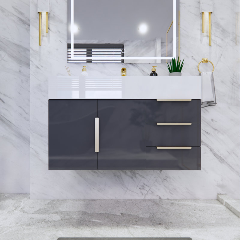 Glasgow 35.5 " W Wall Mounted Single Vanity Bathroom Vanity With Acrylic Top, Gray