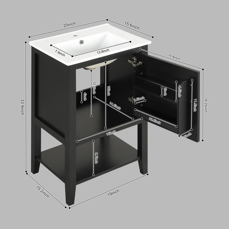 Meuble-lavabo de 20 po avec lavabo, support de rangement et tablette ouverte, Noir