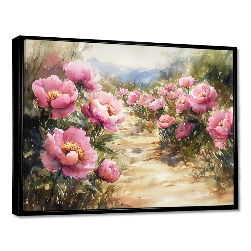 Pivoines le long du chemin de terre - Art mural pivoines, H 30 po x l 40 po, Avec cadre, Noir