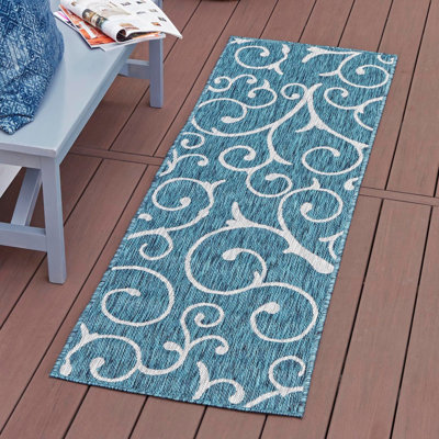 Teal Floral Machine Woven Polypropylene Indoor / Outdoor Area Rug in Teal