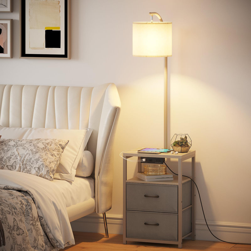 Modern Nightstand Lamp With Drawers, USB Ports, And AC Outlet, Versatile Bedside Table, White/Gray