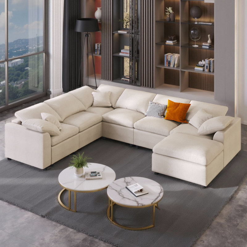 Canapé modulaire en forme de L de 124,8 po à 7 places avec repose-pieds - canapé modulaire en chenille, structure en bois de pin massif et sièges profonds pour les grands salons, les bureaux et les espaces spacieux