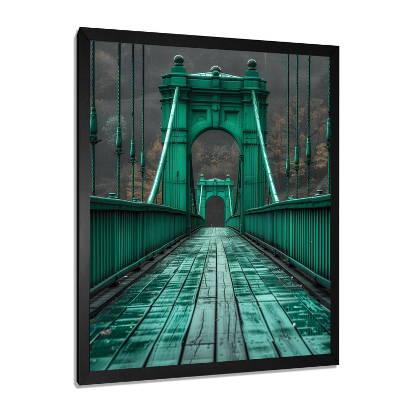 Monochromes vert, noir, pont, croisement, chemin II - art mural, Toile encadrée noire simple, H 20 po x l 12 po x P 1 po