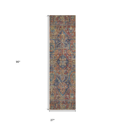 8' Runner Red Orange and Blue Oriental Washable Non Skid Indoor Outdoor Runner Rug
