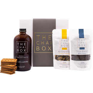 The Chai Box: Chai + Biscuits Gift Set - 4 Piece Box Set, 16oz Masala Chai Tea Concentrate, (2) 2.5oz Chai Loose Leaf Teas, Chocolate Bourbon Biscuits