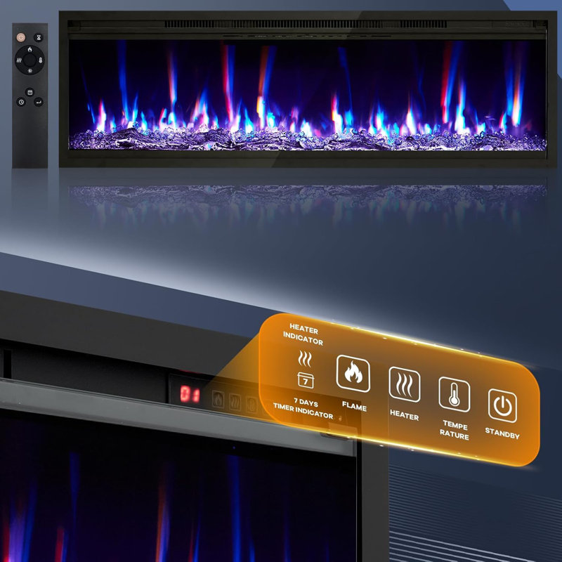Foyer électrique encastré de 60 pouces avec minuterie, télécommande, 12 couleurs de flammes réalistes
