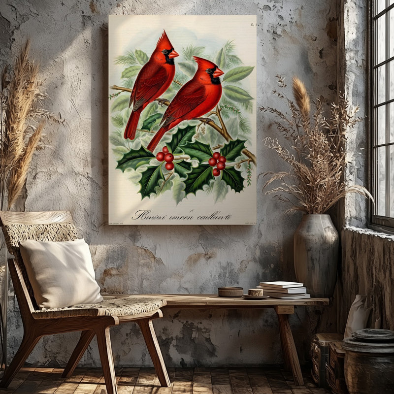 Toile, une paire de cardinaux rouges éclatants perchés sur un luxueux art mural vert, H 12 po x l 9 po