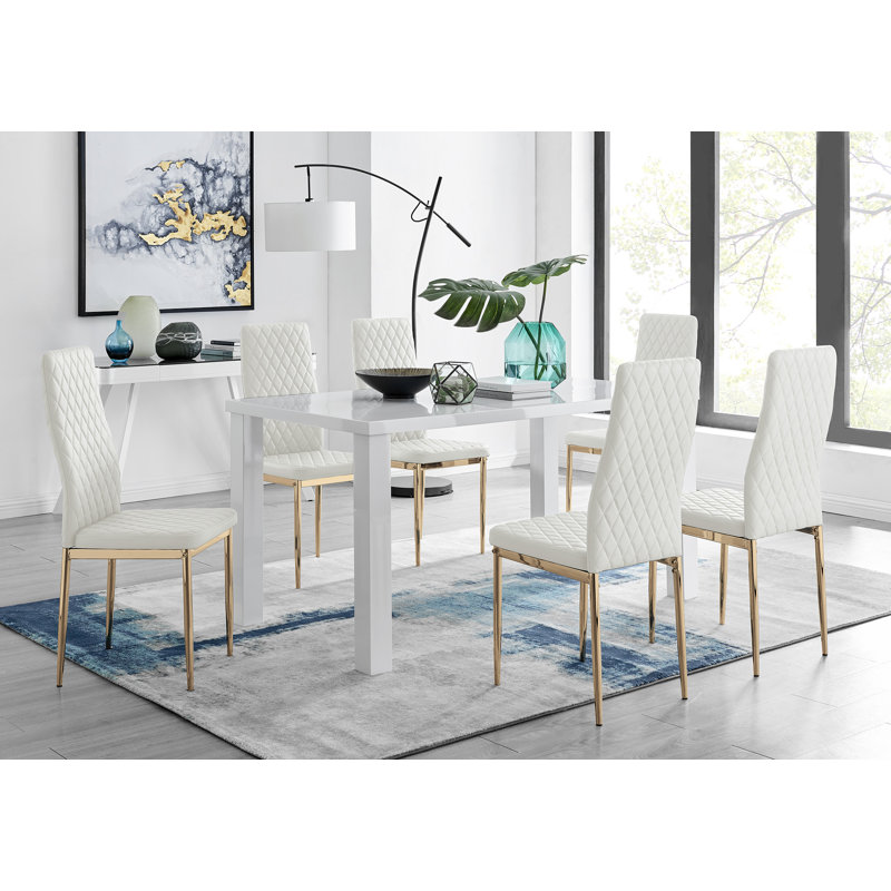 Eubanks High Gloss 6 Seat Rectangular Dining Table Set with Faux Leather Upholstered Dining Chairs, White