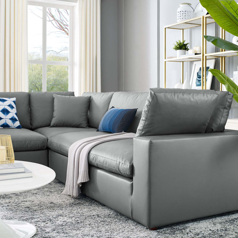 Modway Commix Down Filled Overstuffed Vegan Leather 5-Piece Sectional Sofa, Gray
