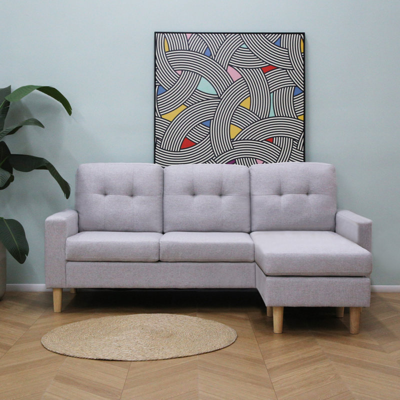Pisa-Small 3 Seater Corner Sofa with Reversible Chaise - Woven Fabric, Light Grey, Natural Wood