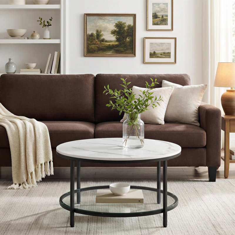 Aubra Round Coffee Table with Storage, White Top/ Black Base