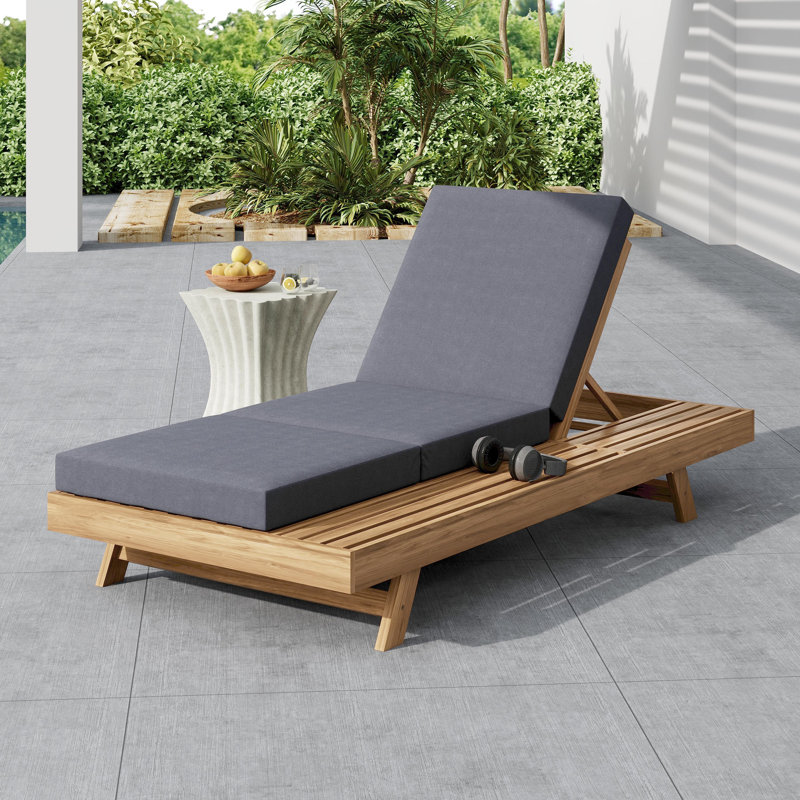 Easton Patio Acacia Wood Chaise Lounge with Adjustable Back & Tri-Fold Cushion, Dark Gray Cushion/Light Brown Frame