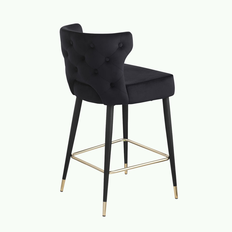 Black Velvet Upholstered Counter Height Bar Stools with Gold Tipped Legs