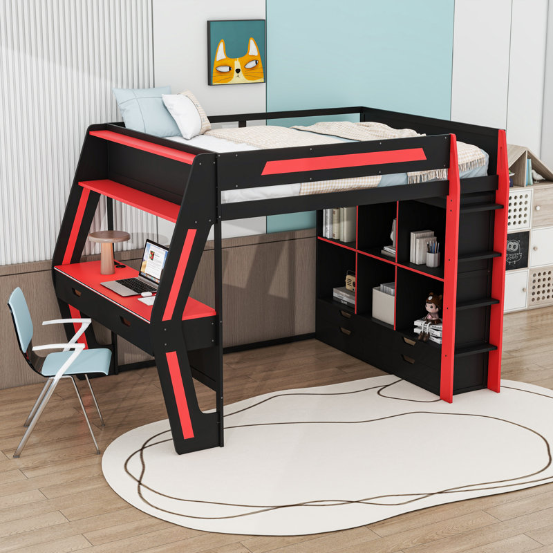 Lit mezzanine avec bureau, lumières DEL, ports de chargement USB, 6 casiers de rangement et 6 tiroirs, Black Red