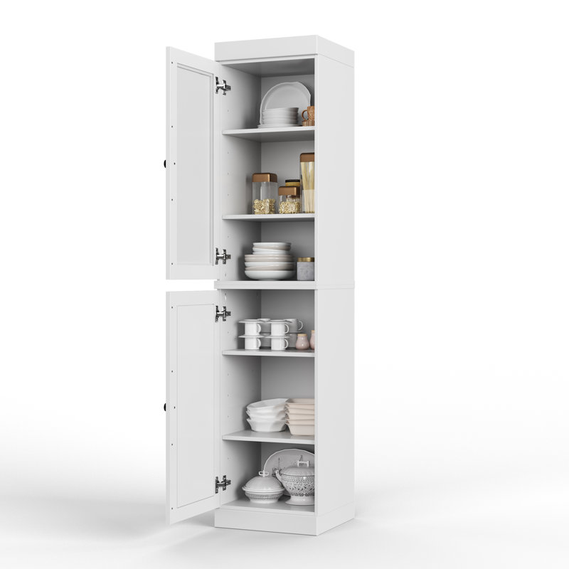 Garde-manger Jaylena 100% bois massif 16,5 po avec portes en verre massif dépoli et tablettes réglables, Blanc / Blanc