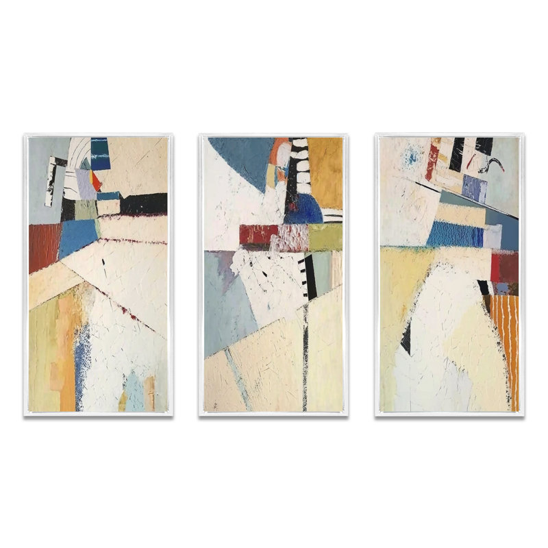 Reappearance Of Memories Retro Collage - Abstract Art Set Of 3 Pieces, H 20 po x l 36 po, Cadre blanc
