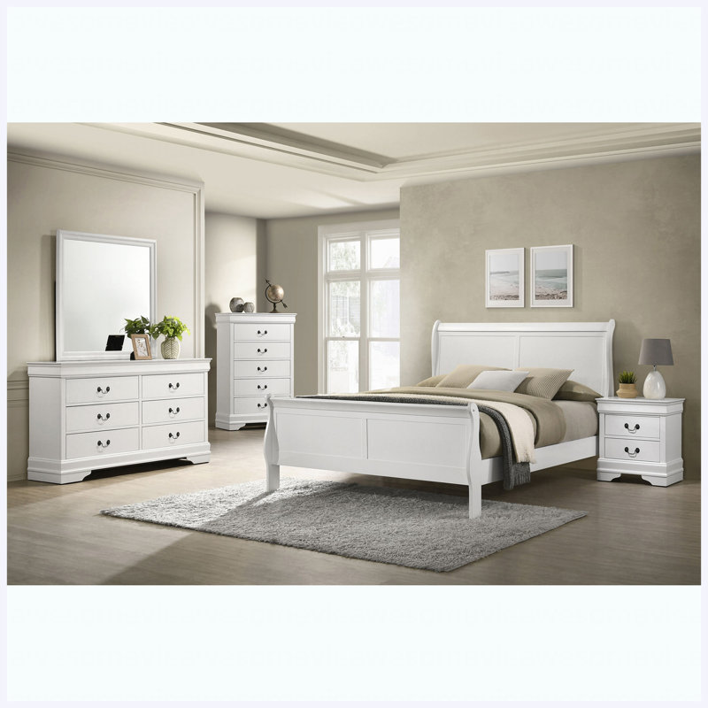 Ensemble de chambre avec grand lit 5 pièces White, 5 Pcs: Bed, Nightstand, 2 Dressers, Mirror, Queen