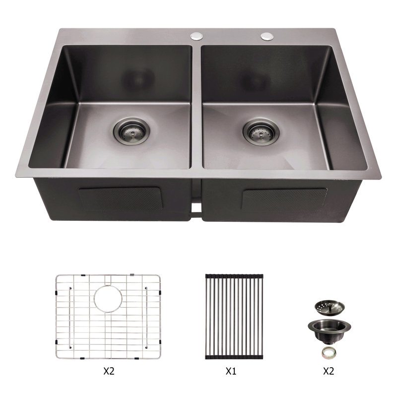 Double Bowl Drop In Sink- 33"X22" Gunmetal Black  Double Bowl Kitchen Sink 16 Gauge With Two 10" Deep Basin