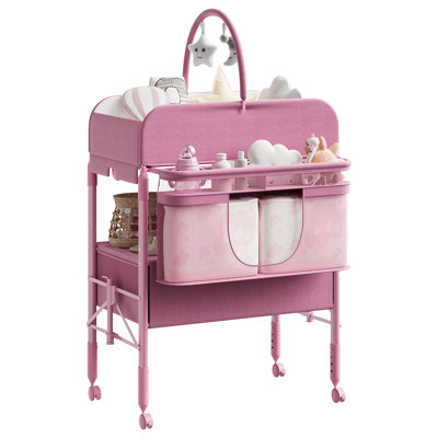 Baby Changing Table with Storage, Portable Foldable Diaper Changing Station with 2 Storage Baskets, Height Adjustable Waterproof Changing Table for Infant and Newborn