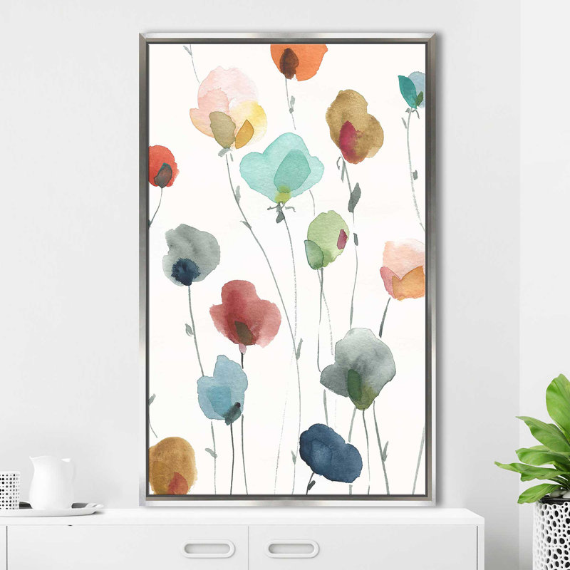 «Lollipop Garden I» par - Peinture, H 33,5 po x l 21,5 po x P 2 po, Cadre flottant argent