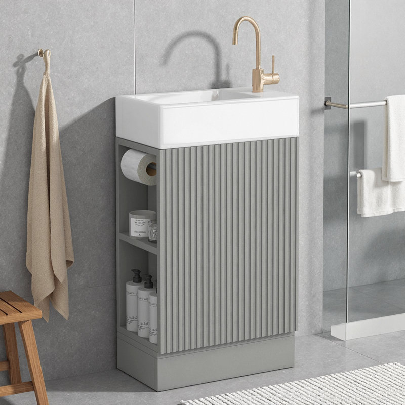 Meuble-lavabo moderne 18,6 po en MDF naturel avec lavabo en céramique, tablette réversible et porte-papier hygiénique, armoire de rangement moderne