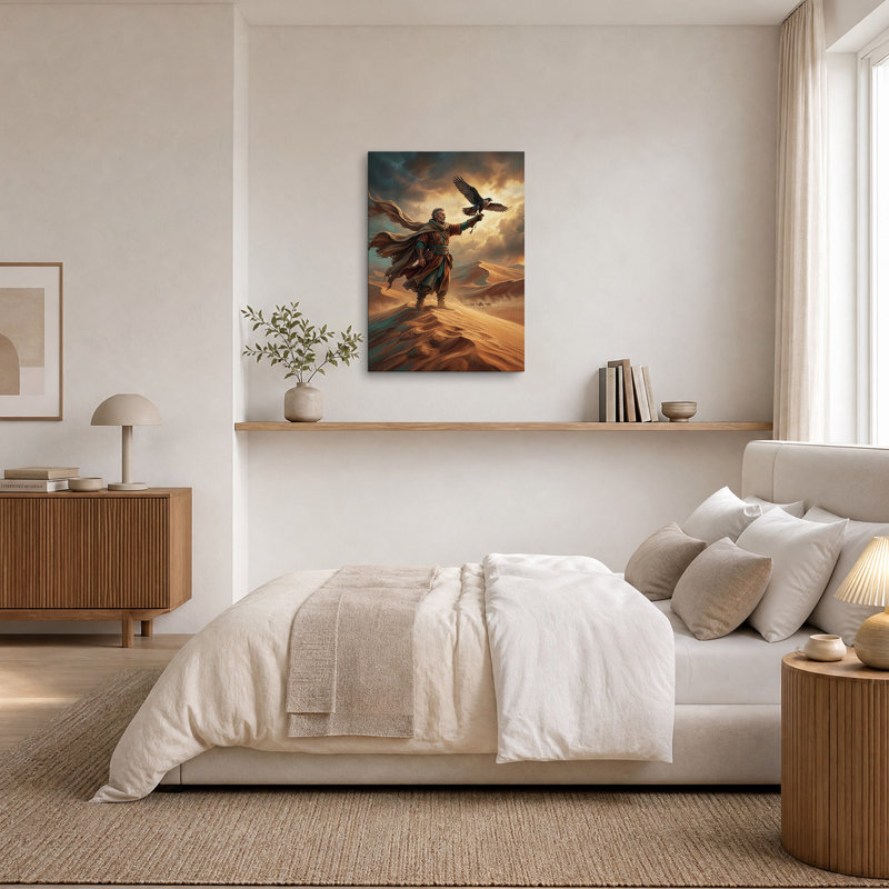 «Man in robes tenant un faucon sur une dune de sable», art mural, H 30 po x l 20 po