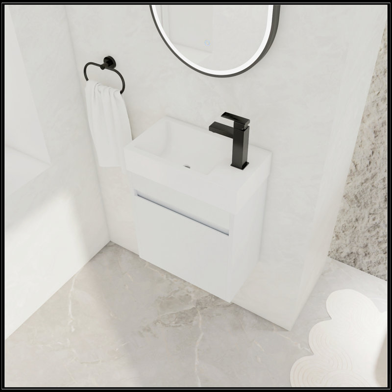 Meuble-lavabo mural 18 po avec lavabo en résine blanche et porte d'armoire à fermeture en douceur 18 po, Grain droit blanc
