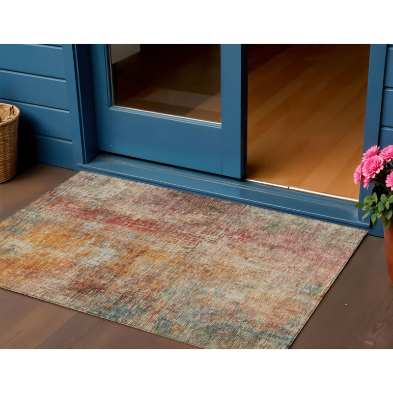 3' X 5' Tan Copper And Terra Cotta Abstract Washable Indoor Outdoor Area Rug