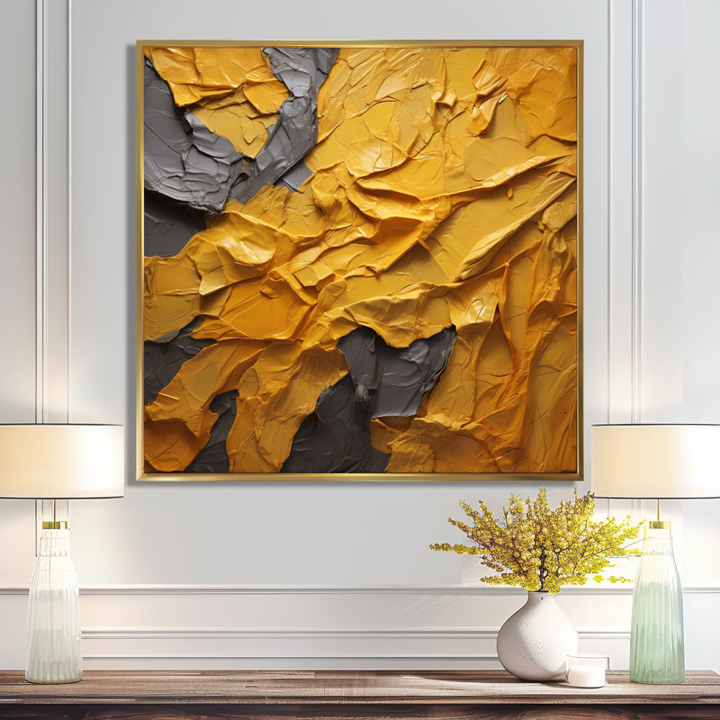 «Vibrant Solstice Mustard Yellow - Abstract», reproduction d'art sur toile encadrée, H 16 po x l 16 po, Cadre flottant doré