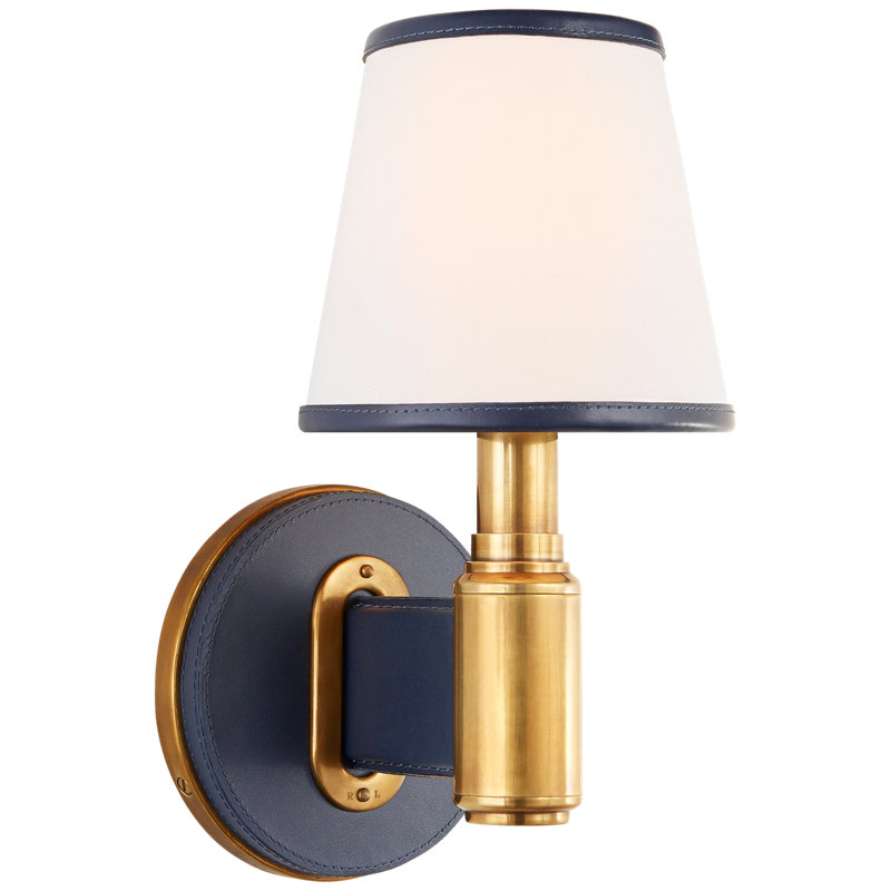 Ralph Lauren Riley 1 Light Armed Sconce, Natural Brass/Navy Leather