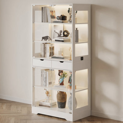 71.7"H Display Cabinet with Glass Doors, 5-Tier Curio Cabinet with Smart Human Sensor & RGB LED Lights, Modern Glass Display Case with Drawers for Collectibles, White