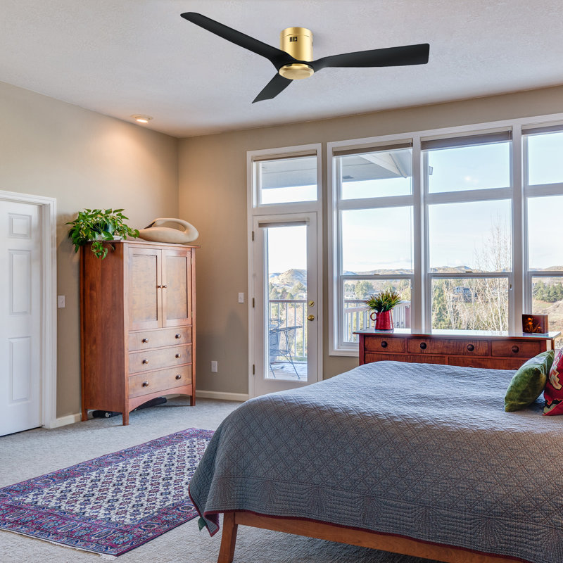 52-INCH DC Motor Flush Mounted White Ceiling Fan with Remote Control. without Light, White