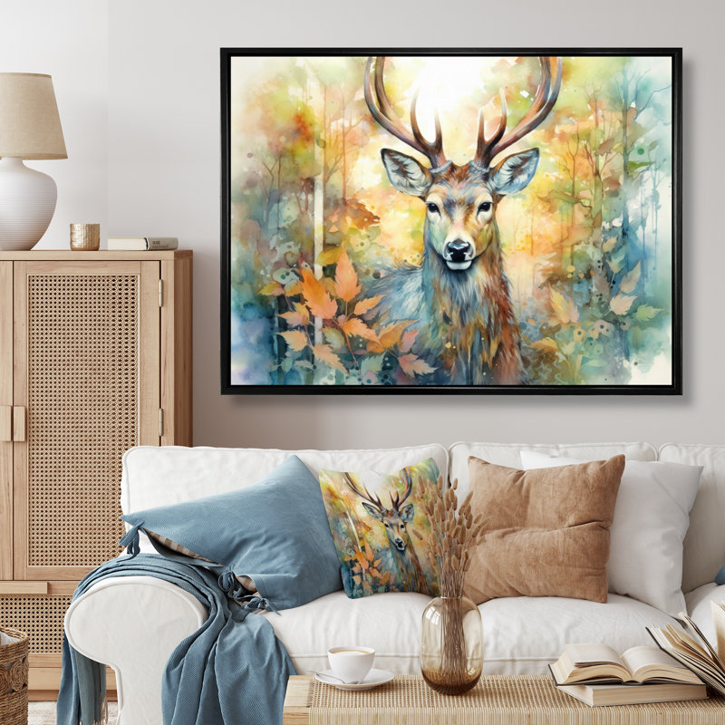 Deer Wonderers I - art mural cerf, Cadre flottant noir, H 34 po x l 44 po x P 1,5 po