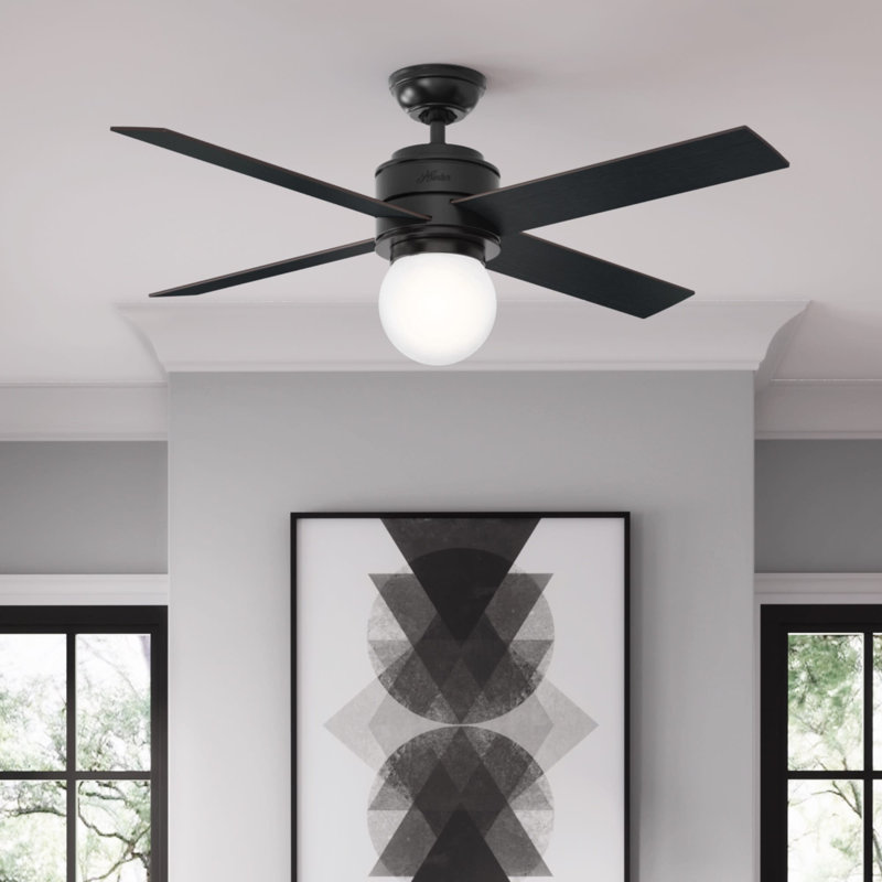 52" Hepburn 4 - Blade Indoor Modern Glam Ceiling Fan with Lights and Wall Control, Matte Black/Black Oak;Mid Century Walnut