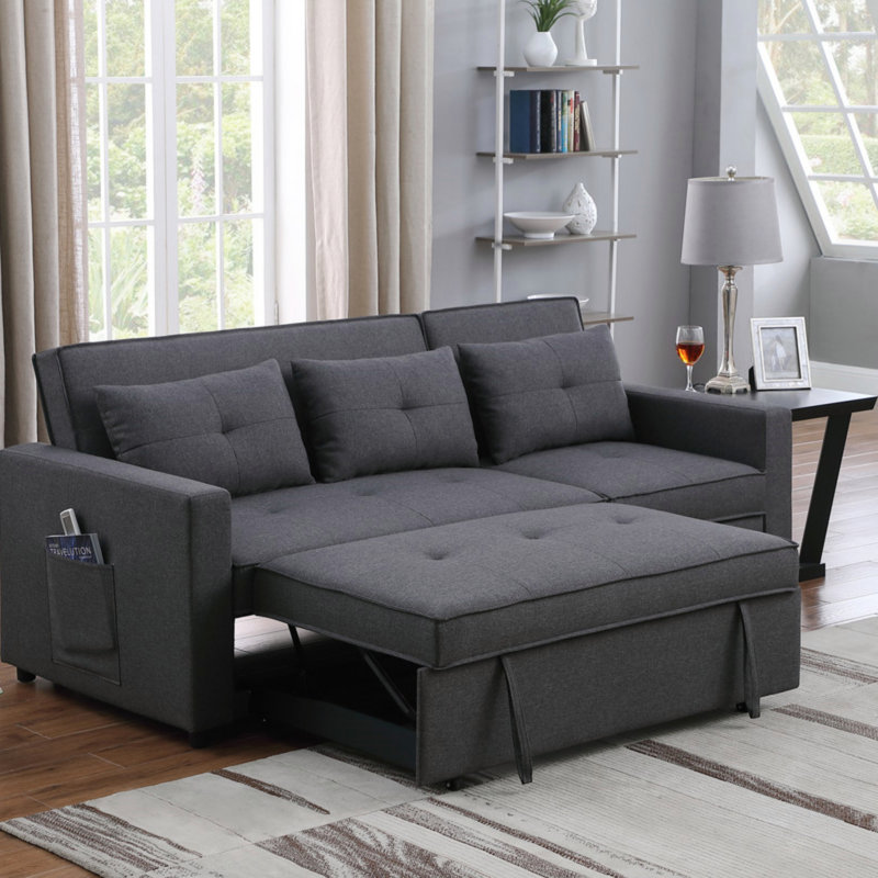 Canapé-lit convertible en lin 79,75 po avec poche latérale, Lin gris foncé