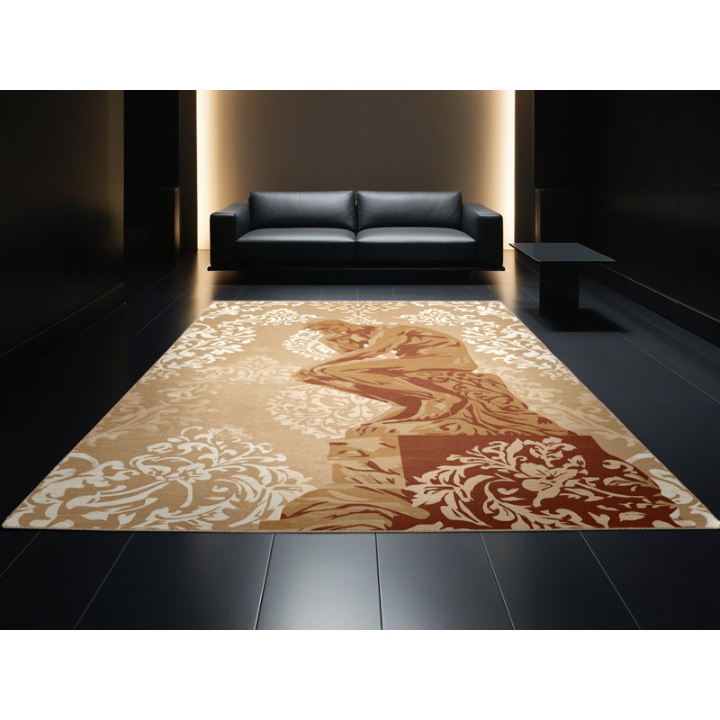 Tapis moelleux moelleux classique à motif de damas statue en brun - reliure beige, 3 X 5