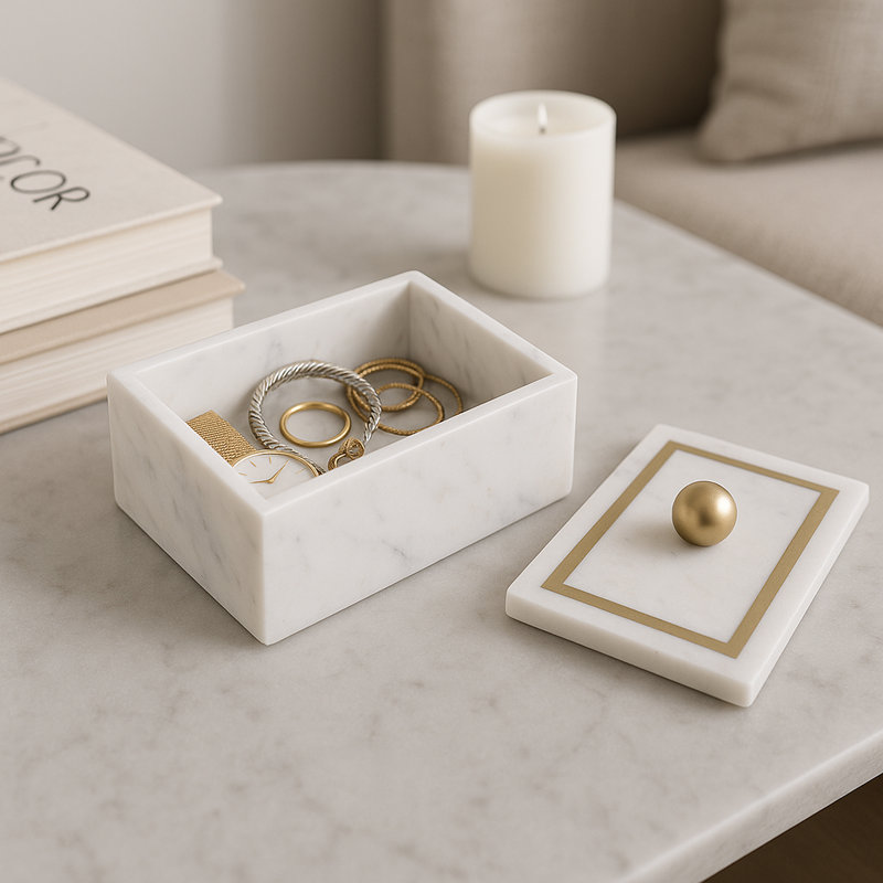 Scarbrough Decorative Box Marble Stone Metal Brass Modern Storage Container with Removable Lid Contemporary Accent Box for Shelf or Tabletop Display Home Organizer Accessory Modern Design