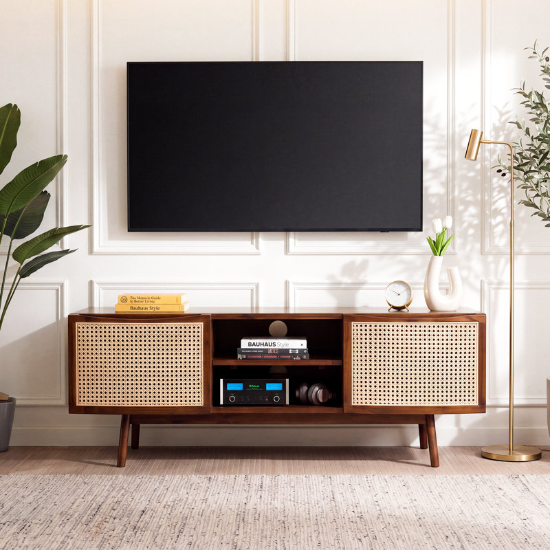 Arnitra Solid Wood TV Stand with Rattan for Living Room & Bedroom, Adjustable Storage
