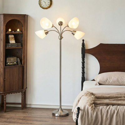 Lampe sur pied Medusa Tree avec 5 accoudoirs ajustables en col de cygne, lampe de lecture debout de 67 po de hauteur avec interrupteur à 4 voies, lampe sur pied moderne en nickel sable pour le bureau du salon, la douille E26 (ampoule non incluse)