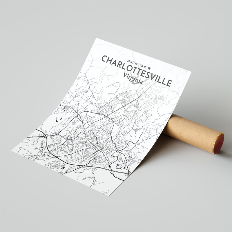 Charlottesville, carte de la ville, impression graphique, Noir / blanc, H 20 po x l 16 po x P 0,05 po
