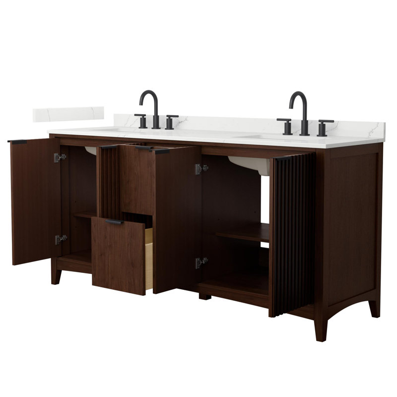 Palmilla 72" Freestanding Double Bathroom Vanity with Quartz Top, Brown, Matte Black