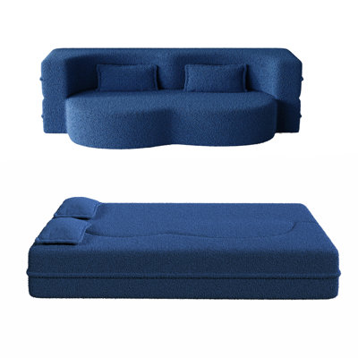 Modern Floor Sofa With 2 Pillows - Convertible Teddy Fabric Foam Sleeper Bed, 15" Full-Size Folding Mattress For Living Room & Guest Rooms, No Assembly Required