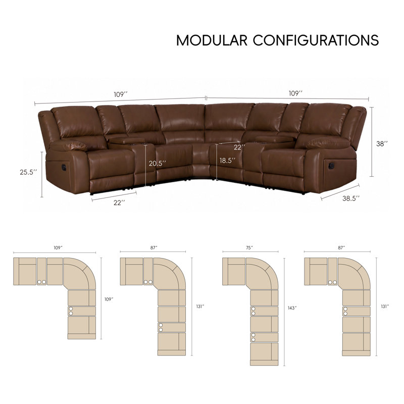 Un canapé modulaire inclinable, canapé modulaire manuel en similicuir pour le salon, ensemble modulaire de canapé inclinable d'une largeur de 109 po