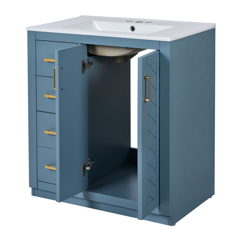 Ensemble de meuble-lavabo autoportant avec 3 tiroirs et portes à fermeture douce, Indigo, Indigo