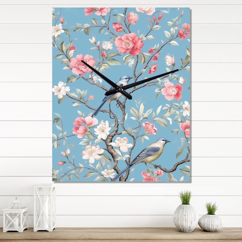 Horloge murale chinoise avec oiseaux et pivoines, Grand