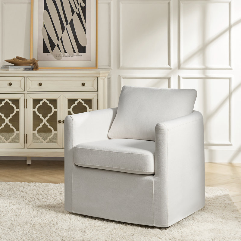 Nicha 29"W Modern Farmhouse Slipcovered Swivel Barrel Chair, White