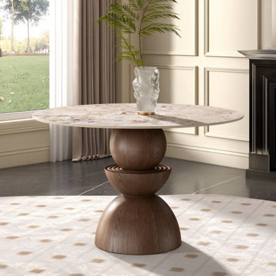 Table de salle à manger ronde moderne avec socle en bois massif et plateau en pierre frittée pour les sièges 2-6