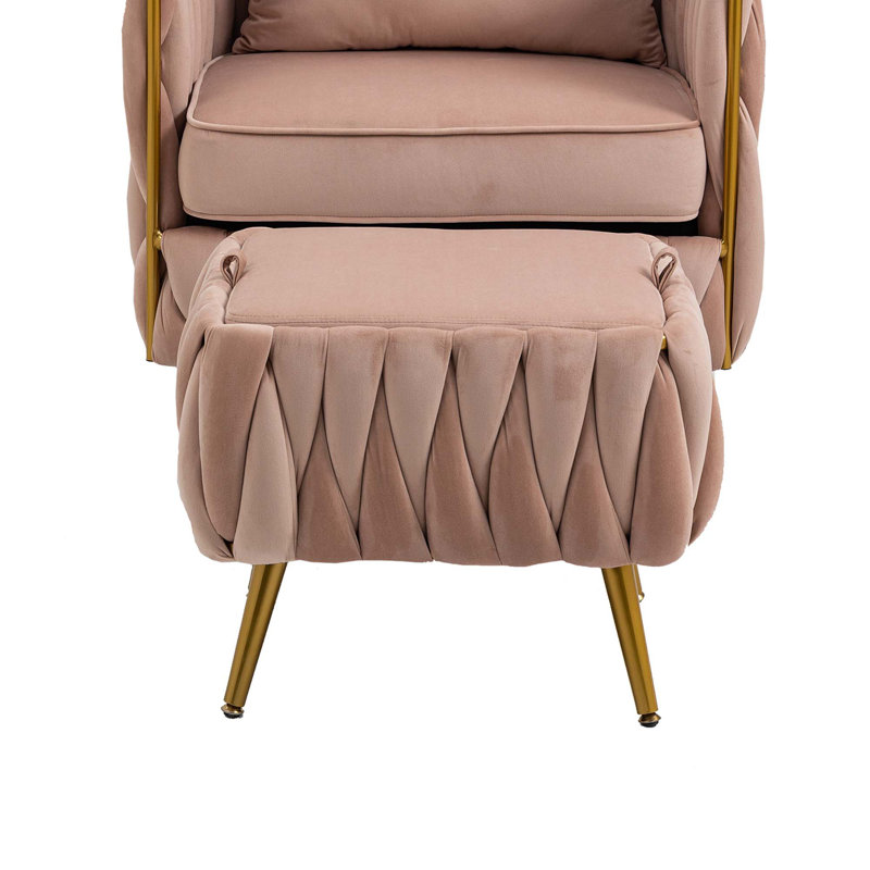 Fauteuil demi-tonneau et repose-pieds en velours capitonné de 28,35 pouces de large Misheel, Velours rose