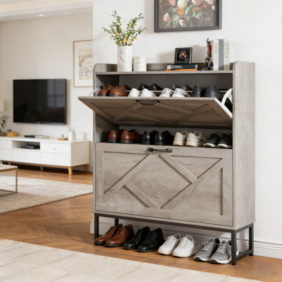 Slim Shoe Cabinet With 2 Flip-Down Drawers